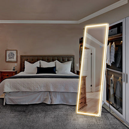 64" Silver Glass Lighted Wall Mounted And Freestanding Framed Full Length Mirror