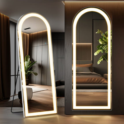 71" Silver Glass Arch Lighted Wall Mounted And Freestanding Framed Full Length Mirror