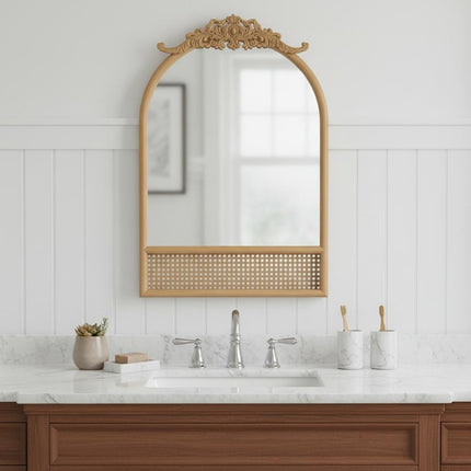 36" Brown Rattan And Solid Wood Arch Ornate Framed Bathroom Vanity Mirror