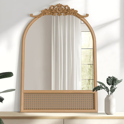 36" Brown Rattan And Solid Wood Arch Ornate Framed Bathroom Vanity Mirror