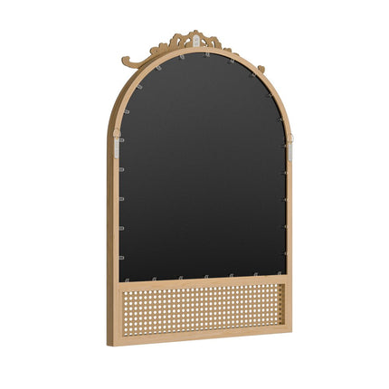 36" Brown Rattan And Solid Wood Arch Ornate Framed Bathroom Vanity Mirror