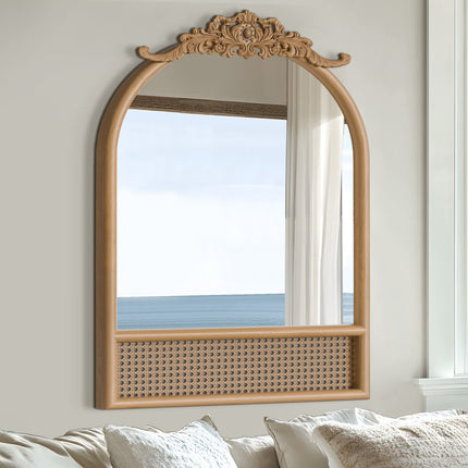 36" Brown Rattan And Solid Wood Arch Ornate Framed Bathroom Vanity Mirror
