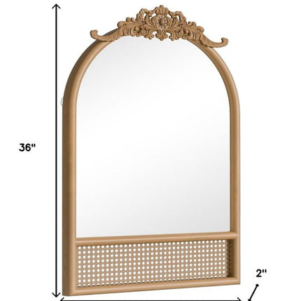 36" Brown Rattan And Solid Wood Arch Ornate Framed Bathroom Vanity Mirror