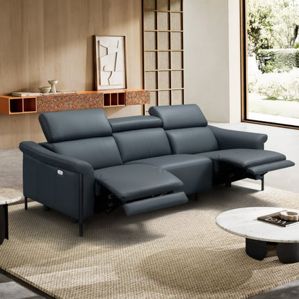 96" Blue Leather Reclining Wood USB Sofa