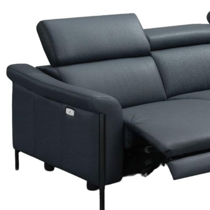 96" Blue Leather Reclining Wood USB Sofa