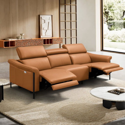 96" Camel Leather Reclining Wood USB Sofa