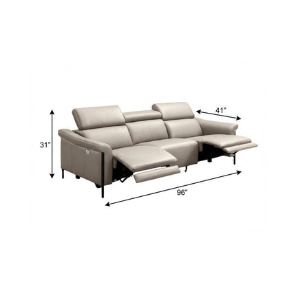 96" Light Gray Leather Reclining Wood USB Sofa