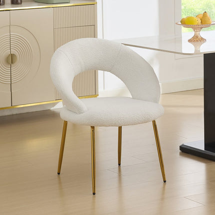 White and Gold Boucle and Metal Curved Back Dining Side Chair