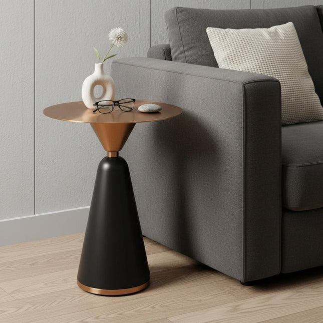 24" Rose Gold and Black Steel Round Pedestal End Table