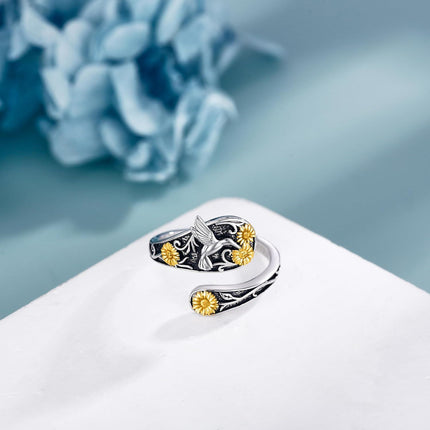 925 Sterling Silver Sunflower Hummingbird Adjustable Spoon Rings Wholesale for Women