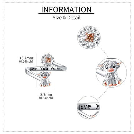 925 Sterling Silver Highland Cow Adjustable Open Rings Wholesale for Women Mom Grandma Mothers Day Gifts Daisy Ocean Jewelry Love You Forever