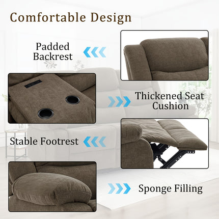 Modern Living Room Furniture - 3-Seater Reclining Sofa with Drop-Down Table, Cup Holders