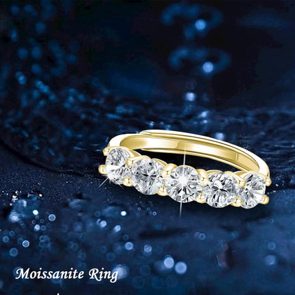 S925 Sterling Silver Moissanite 5-Stone Round Cut Eternity Band, 18K Yellow Gold Plated, 1.5ct D-VVS1, Adjustable Anniversary Rings Wholesale for Women