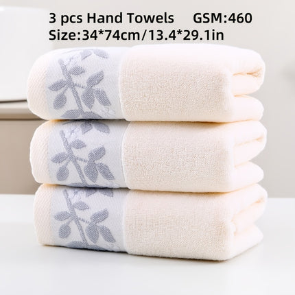 3-Pack Luxurious Cotton Hand Towels, 34.04 x 73.91 cm, 460 GSM, Modern Leaf Pattern