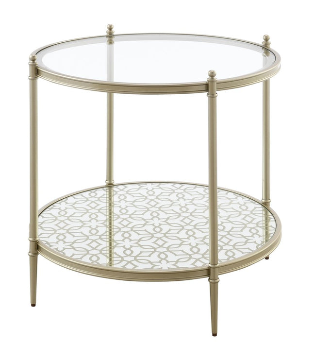 24" Clear and Champagne Glass and Metal Round End Table With Shelf
