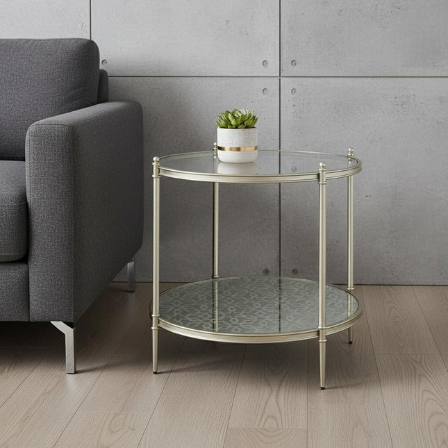24" Clear and Champagne Glass and Metal Round End Table With Shelf