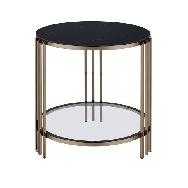 24" Black and Champagne Stone and Metal Round End Table With Shelf