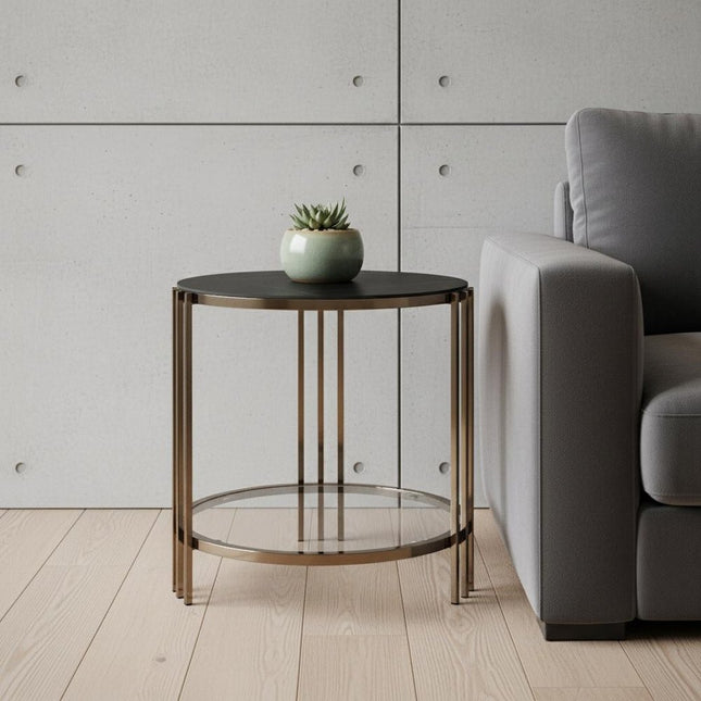 24" Black and Champagne Stone and Metal Round End Table With Shelf