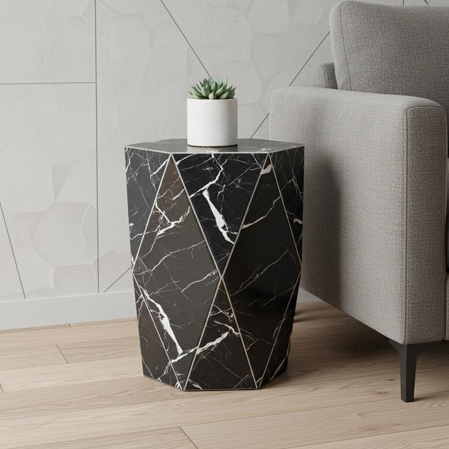 24" Black Glass Hexagonal Drum End Table