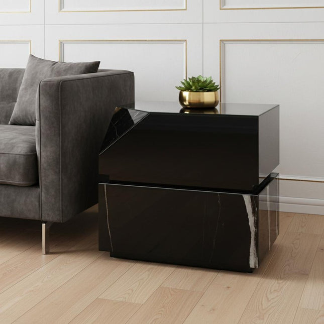 24" Black Glass Block End Table