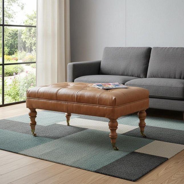 35" Brown Leather Footstool