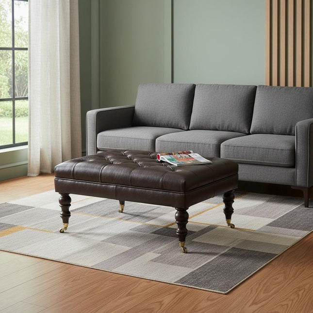 35" Black and Brown Leather Footstool