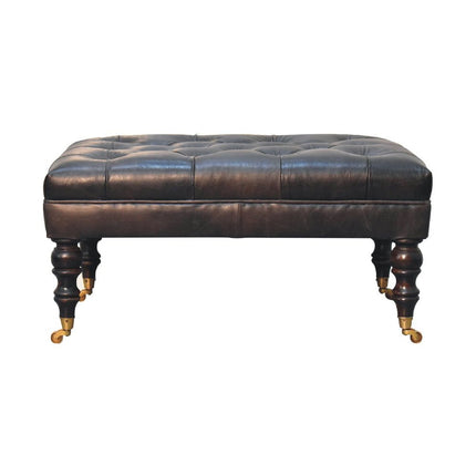35" Black and Brown Leather Footstool