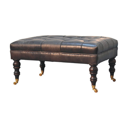35" Black and Brown Leather Footstool