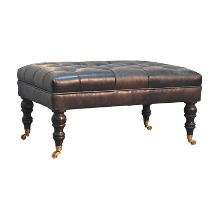 35" Black and Brown Leather Footstool