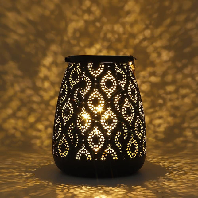 8" Black Metal Battery Operated Pierced Geometric Lantern