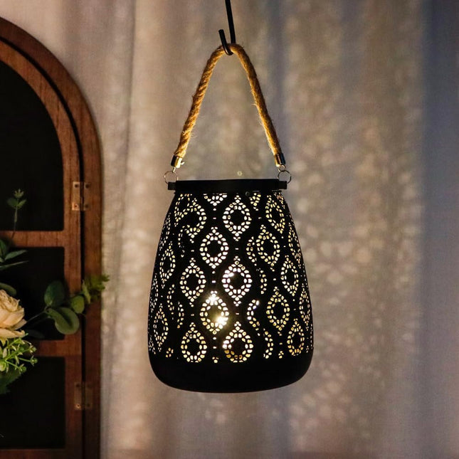 8" Black Metal Battery Operated Pierced Geometric Lantern