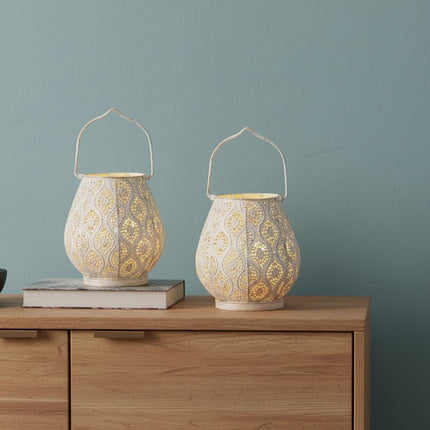 Set of Two 10" Beige Pierced Geometric Cordless Lantern Lamps
