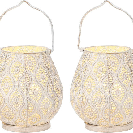 Set of Two 10" Beige Pierced Geometric Cordless Lantern Lamps