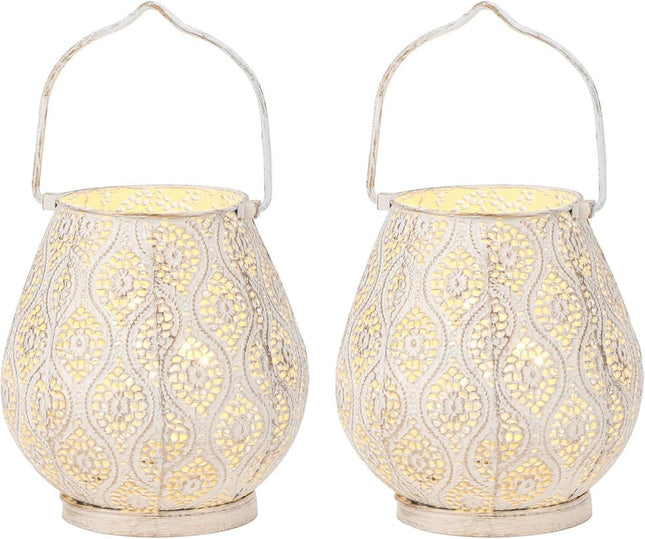 Set of Two 10" Beige Pierced Geometric Cordless Lantern Lamps