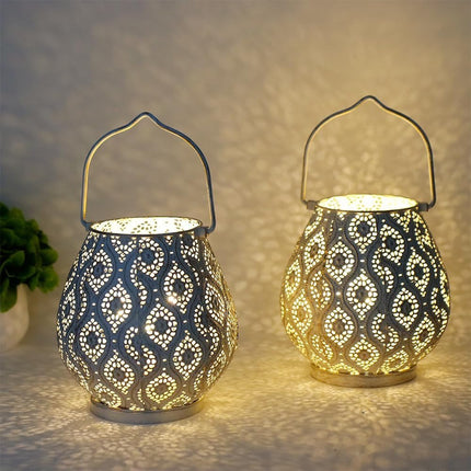 Set of Two 10" Beige Pierced Geometric Cordless Lantern Lamps