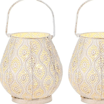 Set of Two 10" Beige Pierced Geometric Cordless Lantern Lamps