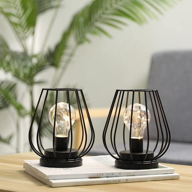 Set of Two 7" Black Geometric Cage Cordless Desk Lamps