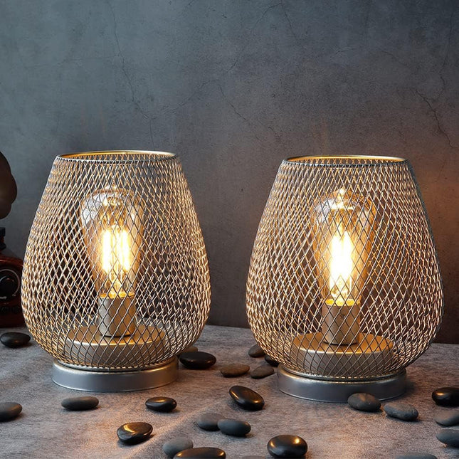 Set of Two 7" Silver And Gold Pierced Geometric Cordless Lantern Lamps