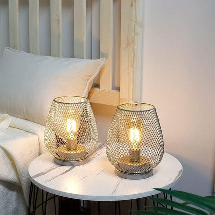 Set of Two 7" Silver And Gold Pierced Geometric Cordless Lantern Lamps