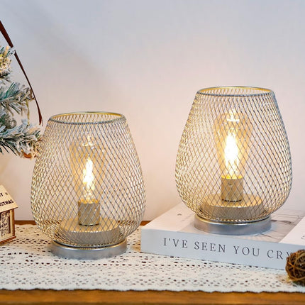 Set of Two 7" Silver And Gold Pierced Geometric Cordless Lantern Lamps