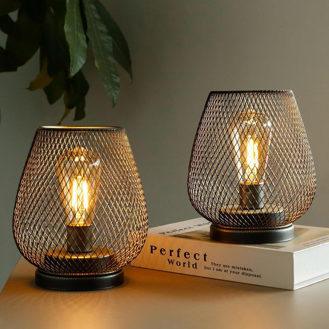 Set of Two 7" Antiqued Bronze Pierced Geometric Cordless Lantern Lamps