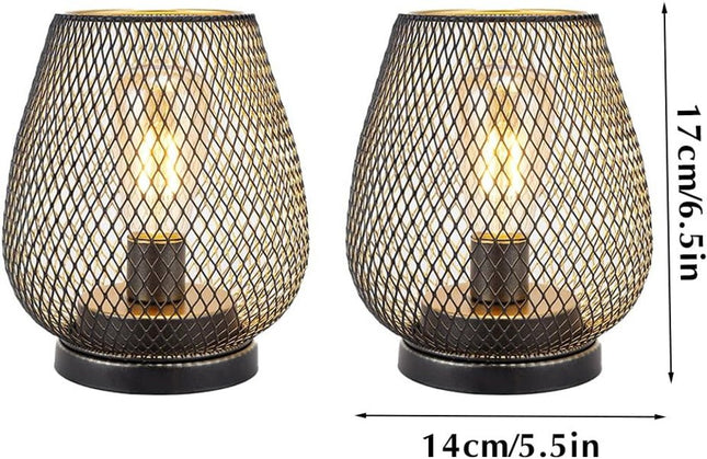 Set of Two 7" Antiqued Bronze Pierced Geometric Cordless Lantern Lamps