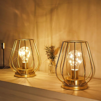 Set of Two 7" Gold Geometric Geometric Cage Cordless Desk Lamps