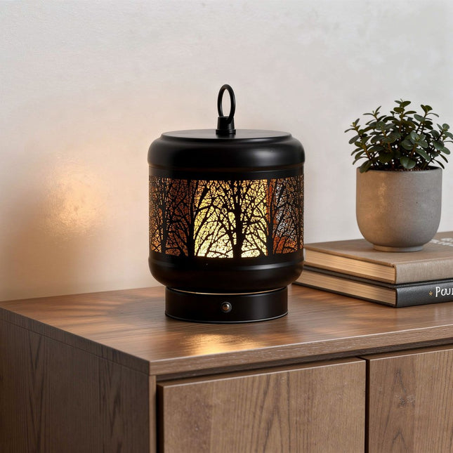 9" Black Pierced Trees Geometric Battery Operated Desk Lamp With Novelty Shade