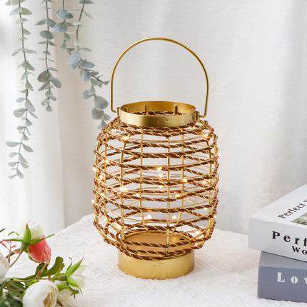 8" Distressed Gold Geometric Lantern Desk Lamp With Novelty Shade