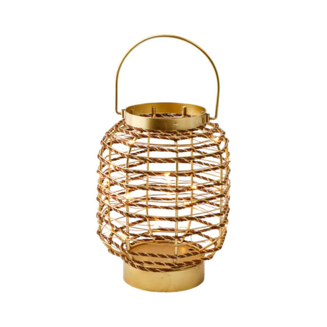 8" Distressed Gold Geometric Lantern Desk Lamp With Novelty Shade