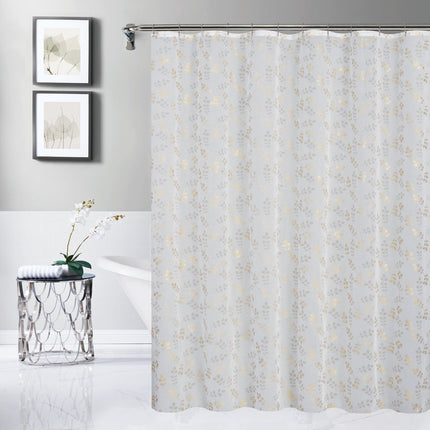 72" White And Gold Floral Shower Curtain