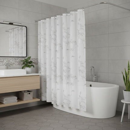 72" White And Gray Floral Shower Curtain