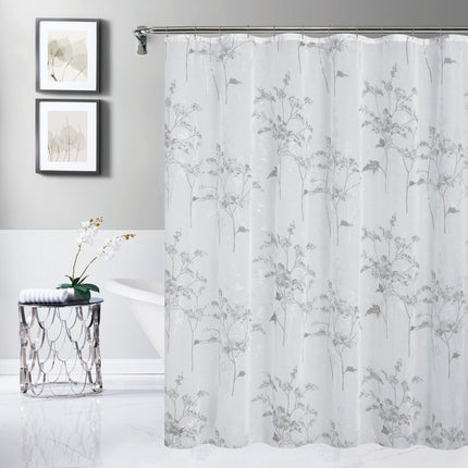 72" White And Gray Floral Shower Curtain