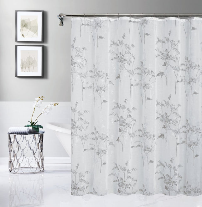 72" White And Gray Floral Shower Curtain